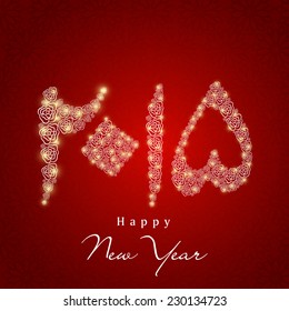 Floral decorated shiny Urdu calligraphy of text Happy New Year 2015 on seamless red background.