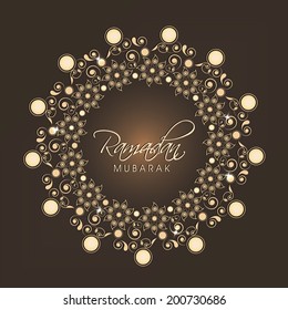 Floral decorated sticker, tag or label with stylish text Ramadan Mubarak on brown background. 