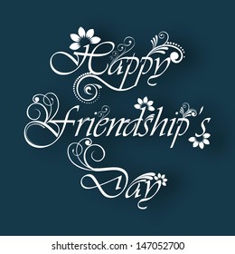 Floral decorated text Happy Friendship Day on abstract blue background.