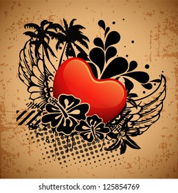 Floral decorated Valentine's Day background with glossy red heart on grungy brown background. EPS 10.