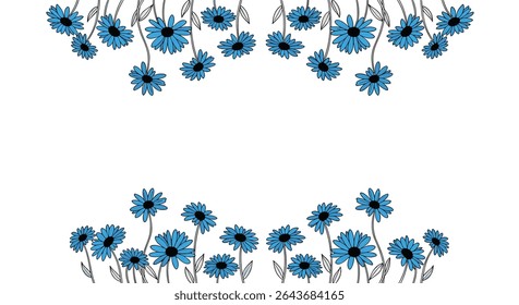 Floral Decoration with Blue Flowers Illustration on White Background with Copy Space for Text