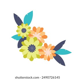 Floral decoration. Botanic arrangements with colorful flowers, leaf, branch. Flower elements for wedding, greeting card or logo composition design.