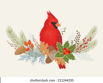 Floral decoration and Cardinal bird for your Christmas design.