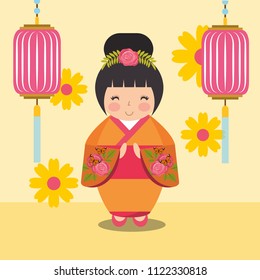 floral decoration chinese lanterns and japanese kokeshi doll in kimono