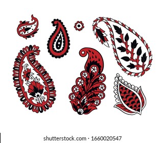 Floral decoration curl illustration. Paisley print hand drawn elements set. 