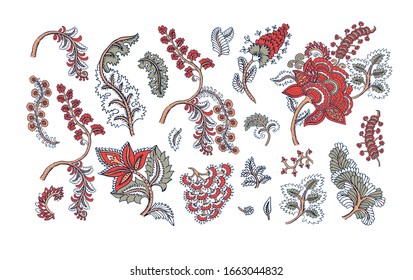 Floral decoration curl illustration. Paisley print hand drawn elements set. 