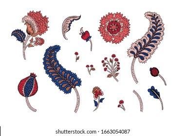 Floral decoration curl illustration. Paisley print hand drawn elements set.  Jacobean embroidery.