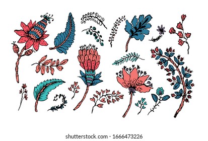 Floral decoration curl illustration. Paisley print hand drawn elements set. 