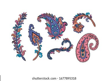 Floral decoration curl illustration. Paisley print hand drawn elements set. 