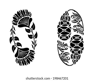 Floral decoration elements. Black and white silhouettes. Vector illustration