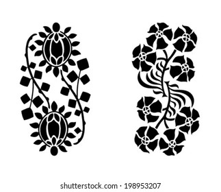 Floral decoration elements. Black and white silhouettes