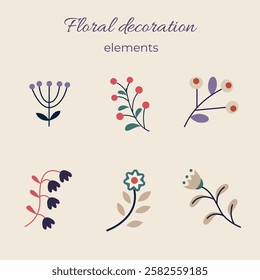 Floral decoration Elements. Folk art. Vector set of plants. 