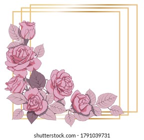 Floral decoration with golden frame. Frame of roses and leaves for the design of invitations, cards, paper, books, websites, decor, design, etc. Vector graphics