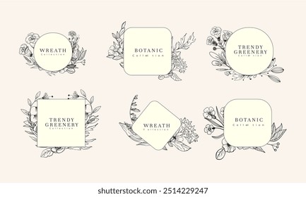 Floral decoration set wreath and round labels. Drawn line wedding herb, elegant leaves for Floral frame and Wedding wildflowers for invitation save the date card Etc.