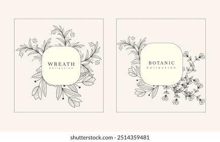 Floral decoration set wreath and round labels. Drawn line wedding herb, elegant leaves for Floral frame and Wedding wildflowers for invitation save the date card Etc.