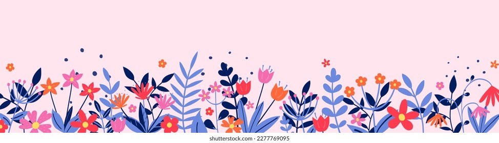 Floral decoration. Spring banner with colourful blooming flower and leaves. Panoramic header. Vector illustration