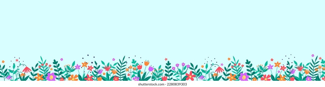 Floral decoration. Spring banner with colourful blooming flower and leaves. Panoramic header. Vector illustration