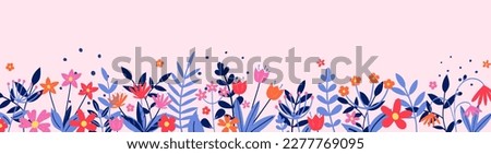 Floral decoration. Spring banner with colourful blooming flower and leaves. Panoramic header. Vector illustration