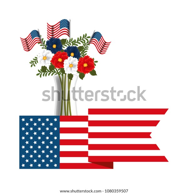 Floral Decoration Usa Flags Vase Ribbon Stock Vector Royalty Free