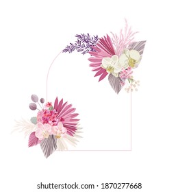 Floral decoration vector frame. Dried tropical leaves, orchid, pampas grass wedding wreath. Exotic dry flowers, palm leaves boho invitation card. Watercolor template, modern poster, trendy design