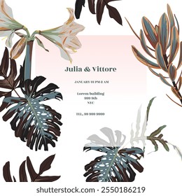Floral decoration vector frame. Exotic  flowers, palm leaves boho invitation card. Watercolor style. Brown autumn tones.
