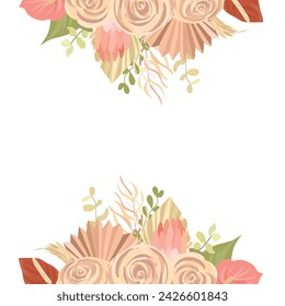 Floral decoration vector frame. mawar, pampas grass wedding wreath. Exotic dry flowers, palm leaves boho invitation card. 