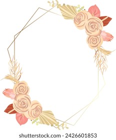 Floral decoration vector frame. mawar, pampas grass wedding wreath. Exotic dry flowers, palm leaves boho invitation card. 