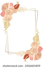 Floral decoration vector frame. mawar, pampas grass wedding wreath. Exotic dry flowers, palm leaves boho invitation card. 