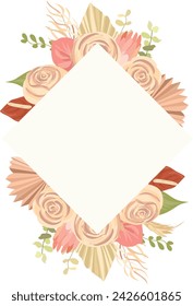 Floral decoration vector frame. mawar, pampas grass wedding wreath. Exotic dry flowers, palm leaves boho invitation card. 
