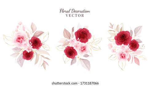 Floral decoration vector set. Botanic arrangements illustration of red and peach roses with gold leaves, branch. Botanic elements for wedding, greeting card, or logo design vector