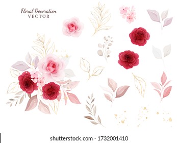 Floral decoration vector set. Botanic illustration of red and peach roses with leaves, branch. Flowers composition elements for wedding, greeting card, or logo design vector