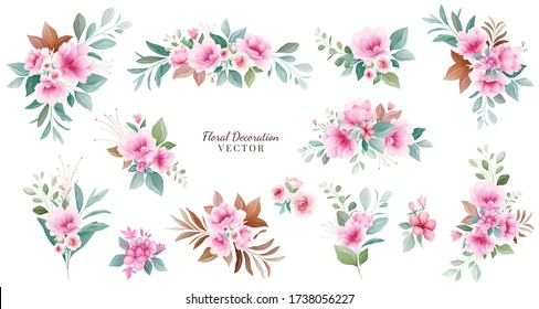 Floral decoration vector set. Botanic arrangements illustration of pink and red flowers, leaf, branch. Botanic elements for wedding, greeting card, or logo composition vector