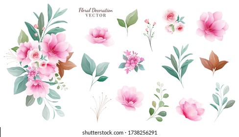 Floral decoration vector set. Botanic arrangements & individual elements of pink and purple flowers, leaf, branch. Botanic illustration for wedding, greeting card, or logo composition vector