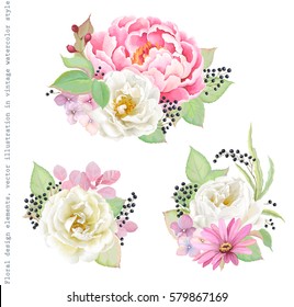 Floral decorations with flowers pink Peony, white Rose, colorful inflorescence Hydrangea, green leaves and berry branches. Vector illustration in vintage watercolor style.