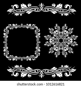 Floral decorations. Ornamental frames and dividers on black background. Vector illustration