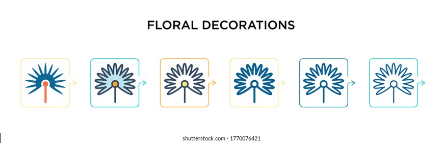 Floral decorations vector icon in 6 different modern styles. Black, two colored floral decorations icons designed in filled, outline, line and stroke style. Vector illustration can be used for web, 