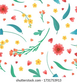  Floral decorative backdrop. Flowers blossoms and leaves flat vector retro seamless pattern. Abstract wildflowers on white background.Blooming meadow plants. Vintage textile, fabric, wallpaper design