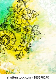 Floral decorative background on abstract watercolor texture