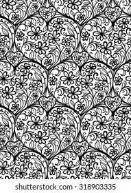Floral decorative black heart seamless lace pattern