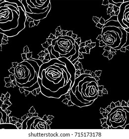 Floral decorative black and white background with cute roses, monochrome seamless pattern.