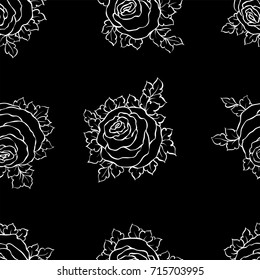 Floral decorative black and white background with cute roses, monochrome seamless pattern.