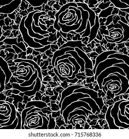 Floral decorative black and white background with cute roses, monochrome seamless pattern.