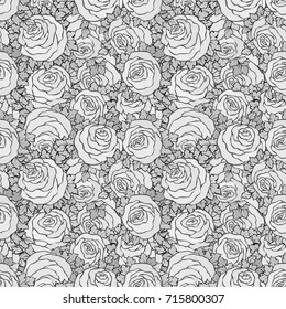 Floral decorative black and white background with cute roses, monochrome seamless pattern.