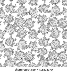 Floral decorative black and white background with cute roses, monochrome seamless pattern.