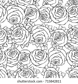 Floral decorative black and white background with cute roses, monochrome seamless pattern.
