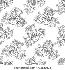 Floral decorative black and white background with cute roses, monochrome seamless pattern.