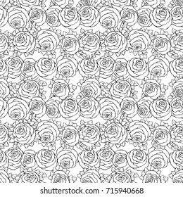 Floral decorative black and white background with cute roses, monochrome seamless pattern.