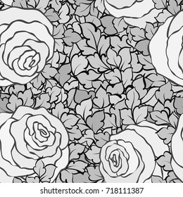 Floral decorative black and white background with cute roses, monochrome seamless pattern.