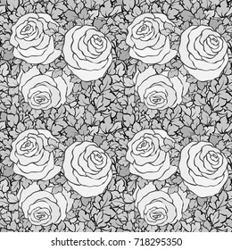 Floral decorative black and white background with cute roses, monochrome seamless pattern.