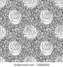 Floral decorative black and white background with cute roses, monochrome seamless pattern.